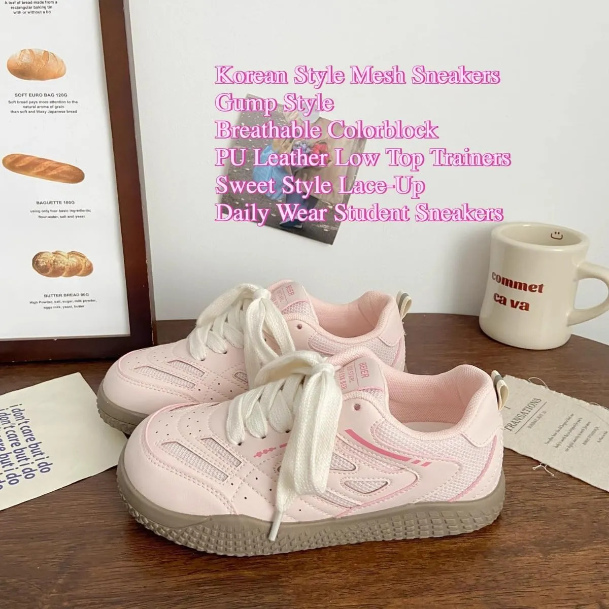 Women’s Korean Mesh Sneakers – Casual White Gump-Style Shoes, Breathable Colorblock Lace-Up Trainers for Students, Soft PU Leather Low-Tops