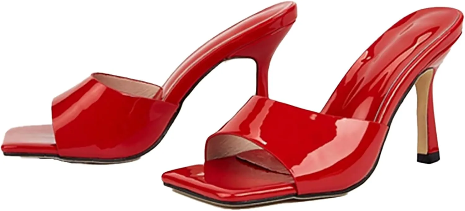 Women'S Leather Square Open Toe Stiletto Heel Slide Sandals Fashion Slip-On Sexy High Kitten Heel Backless Mule Dress Slipper For Wedding Party Evening Prom