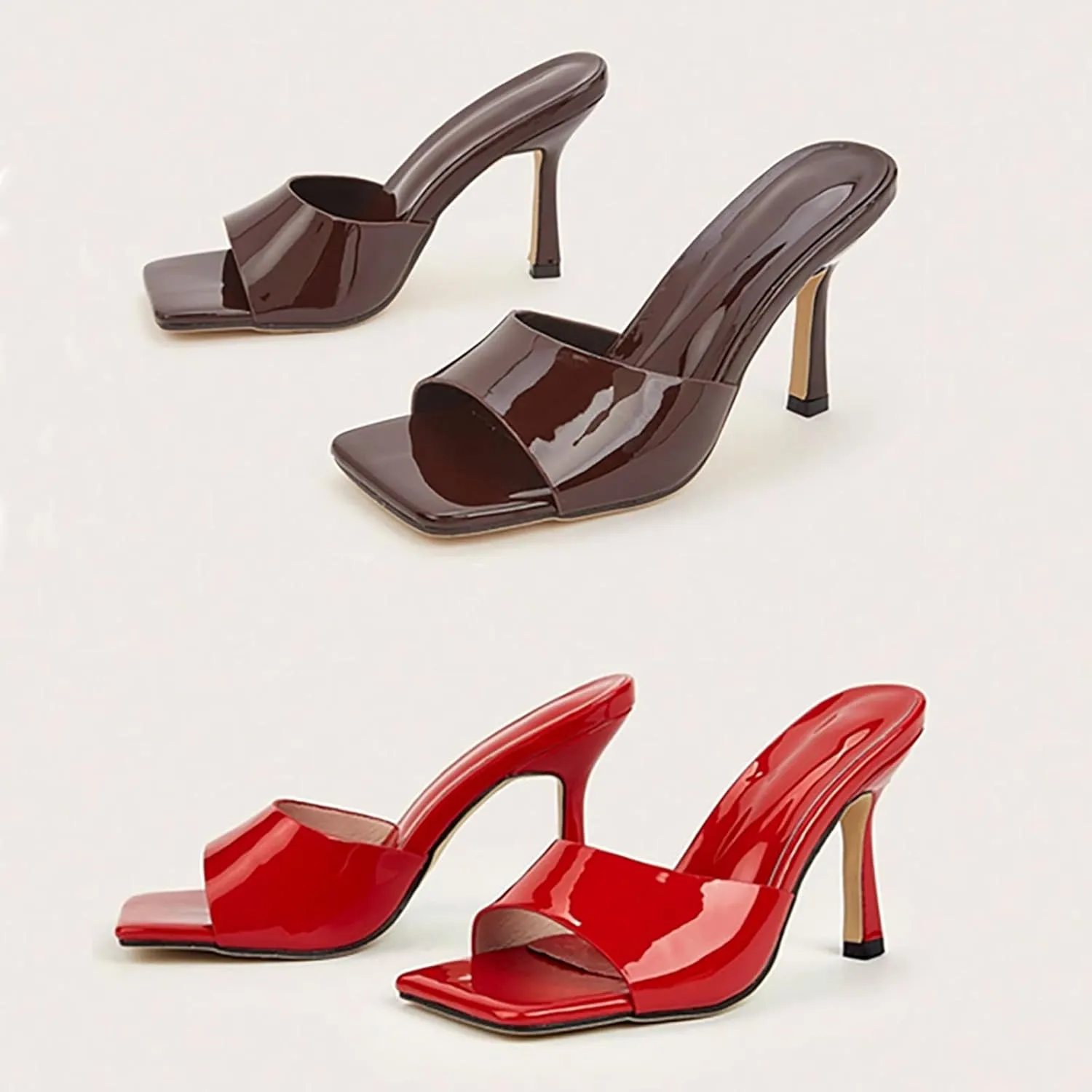 Women'S Leather Square Open Toe Stiletto Heel Slide Sandals Fashion Slip-On Sexy High Kitten Heel Backless Mule Dress Slipper For Wedding Party Evening Prom
