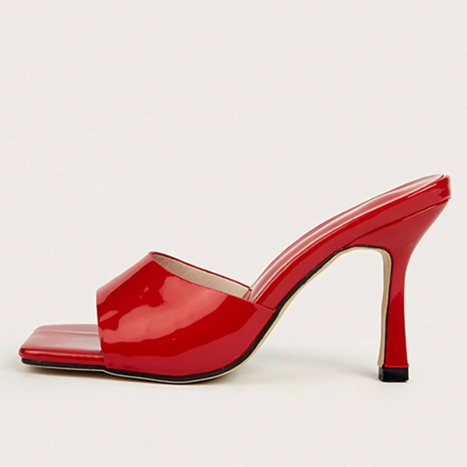 Women'S Leather Square Open Toe Stiletto Heel Slide Sandals Fashion Slip-On Sexy High Kitten Heel Backless Mule Dress Slipper For Wedding Party Evening Prom