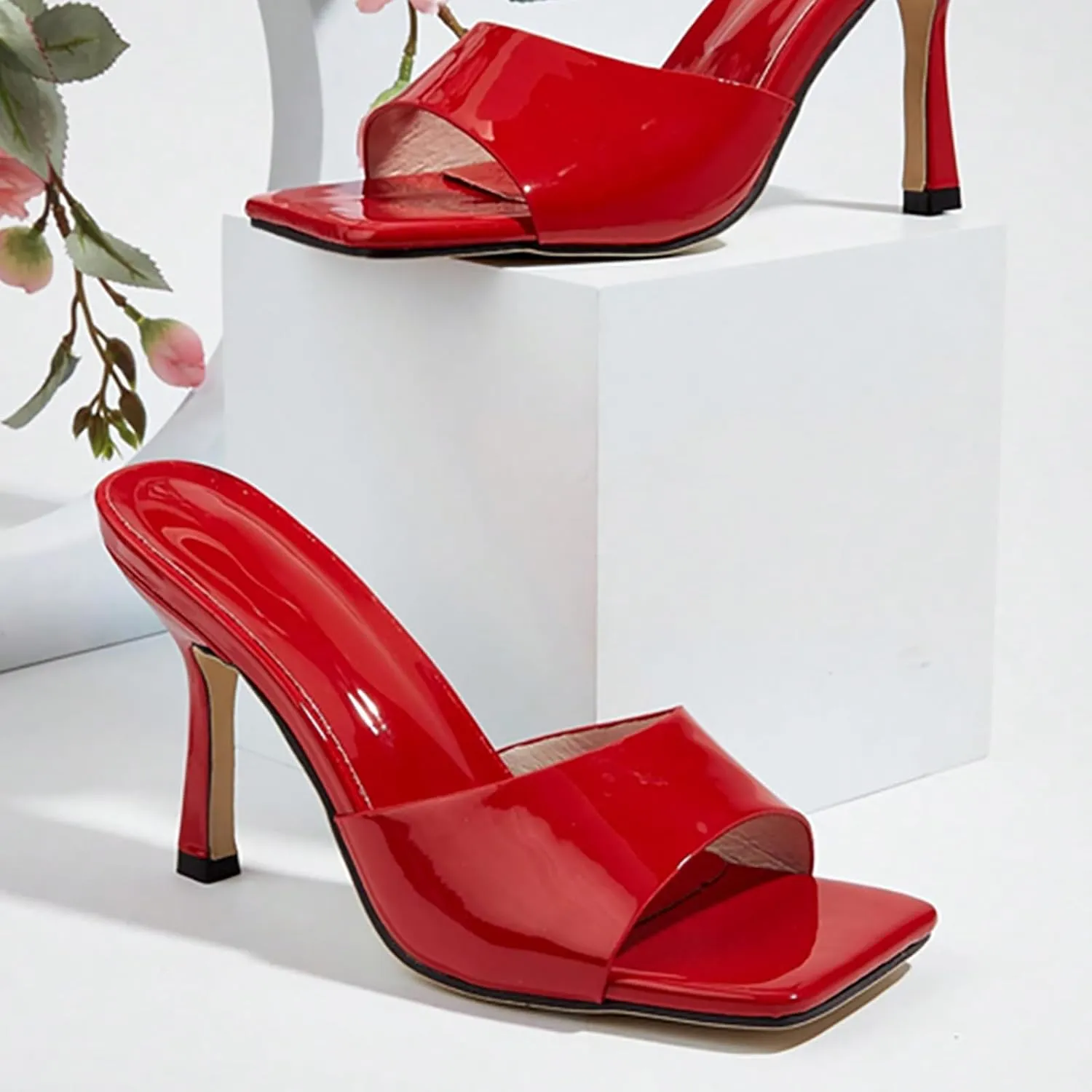 Women'S Leather Square Open Toe Stiletto Heel Slide Sandals Fashion Slip-On Sexy High Kitten Heel Backless Mule Dress Slipper For Wedding Party Evening Prom