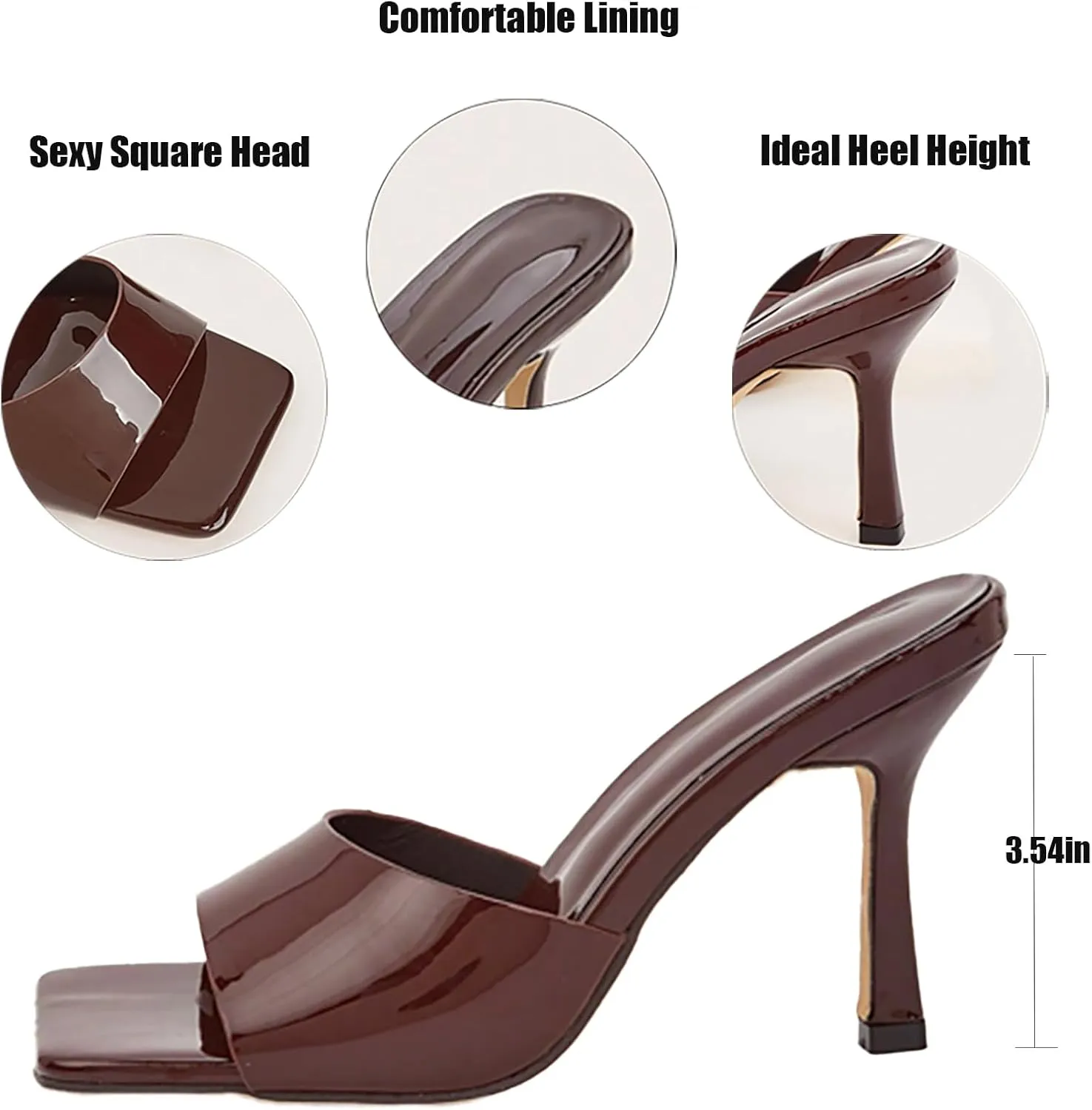 Women'S Leather Square Open Toe Stiletto Heel Slide Sandals Fashion Slip-On Sexy High Kitten Heel Backless Mule Dress Slipper For Wedding Party Evening Prom