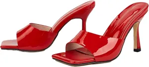 Women'S Leather Square Open Toe Stiletto Heel Slide Sandals Fashion Slip-On Sexy High Kitten Heel Backless Mule Dress Slipper For Wedding Party Evening Prom