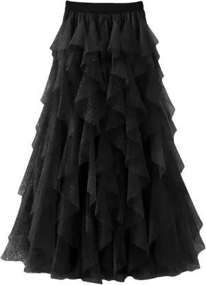 Women's Mini Dot Print Midi Skirt Elastic High Waist Irregular A-Line Tulle Mesh Long Skirt