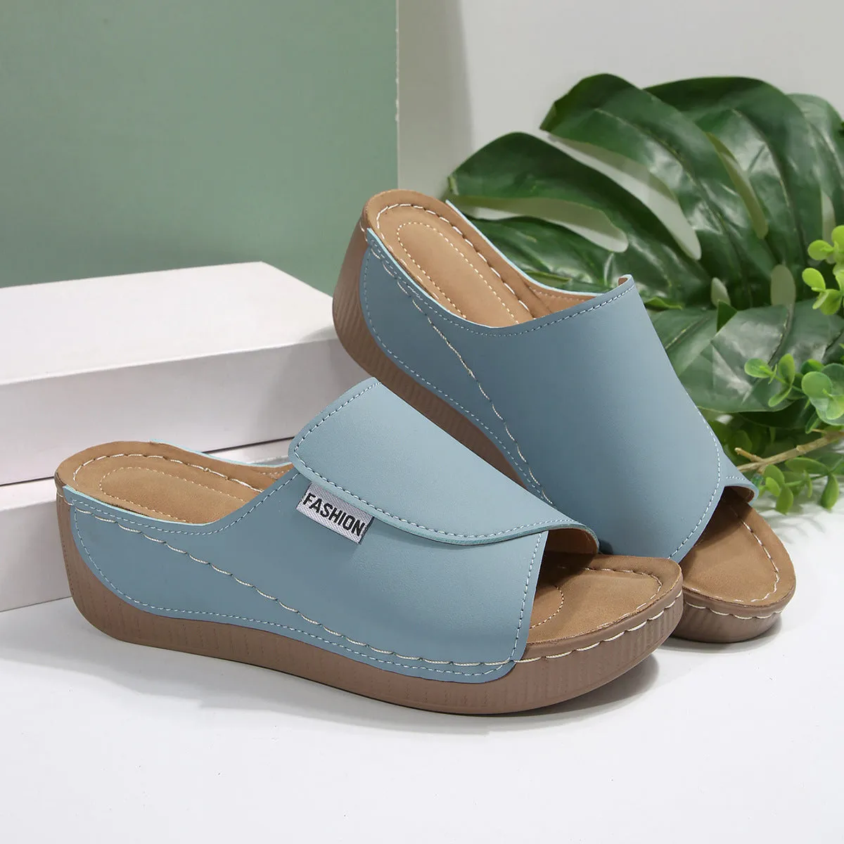 Women’s Mule Sandals – Wedge Heel – Open Toe – Slip-On – Cushioned Insole Comfort