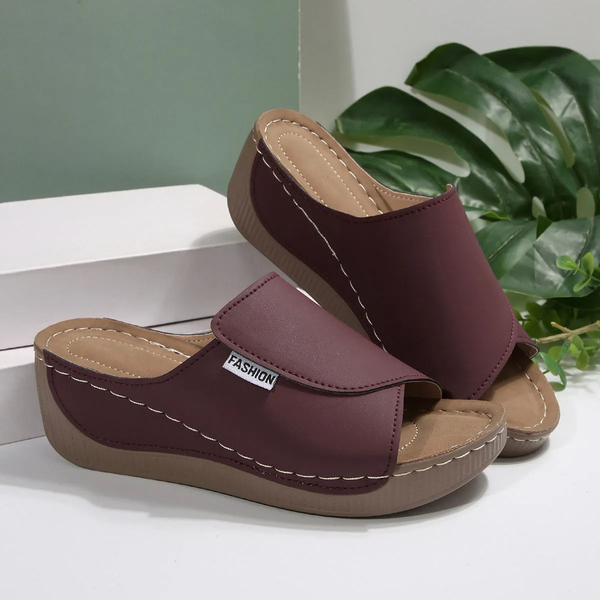 Women’s Mule Sandals – Wedge Heel – Open Toe – Slip-On – Cushioned Insole Comfort