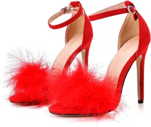 Women's Open Toe Ankle Strap Fluffy Feather Stiletto Heels Sandals Dress Sandal Party Evening High Heel Pump Shoes