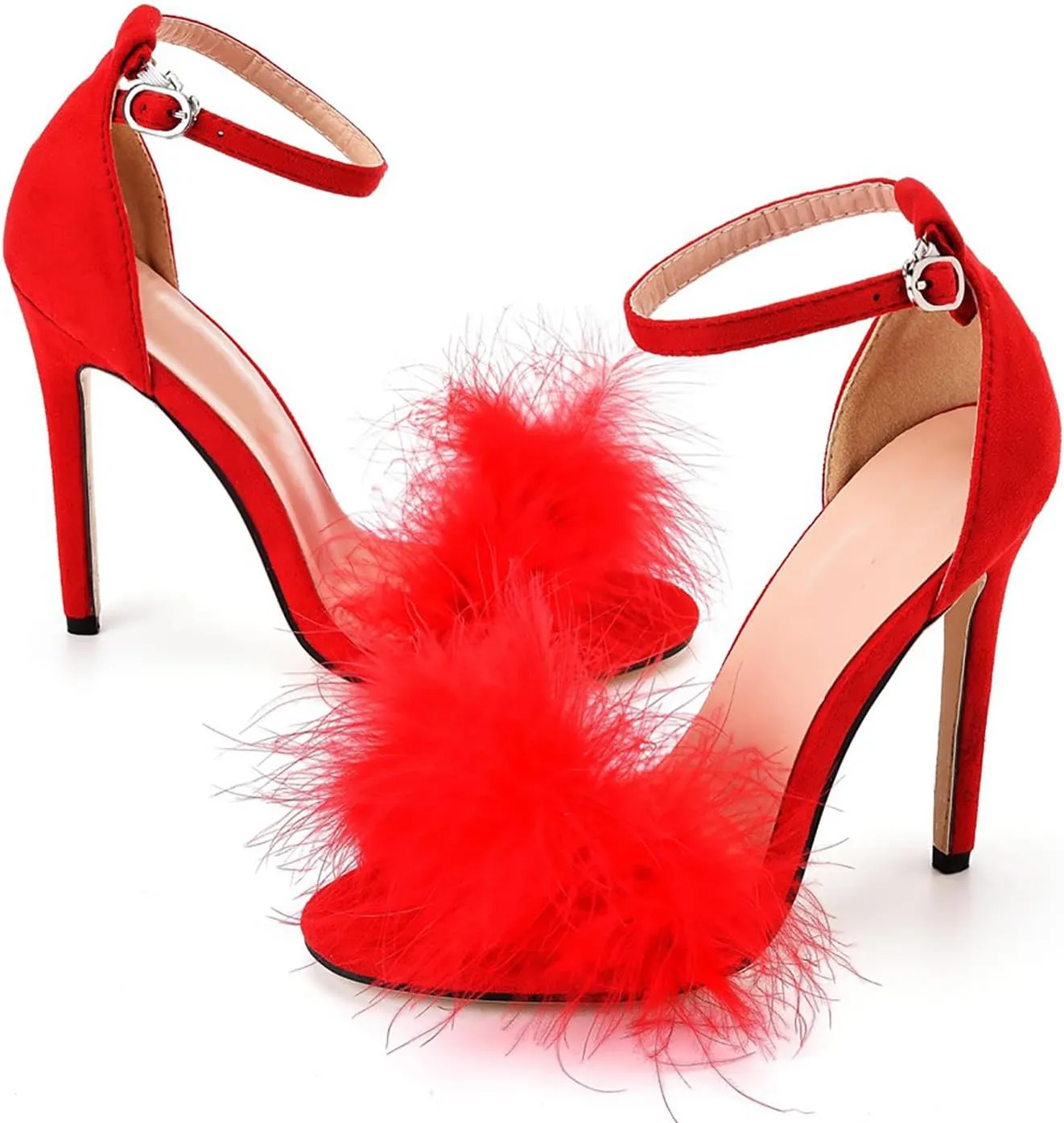 Women's Open Toe Ankle Strap Fluffy Feather Stiletto Heels Sandals Dress Sandal Party Evening High Heel Pump Shoes
