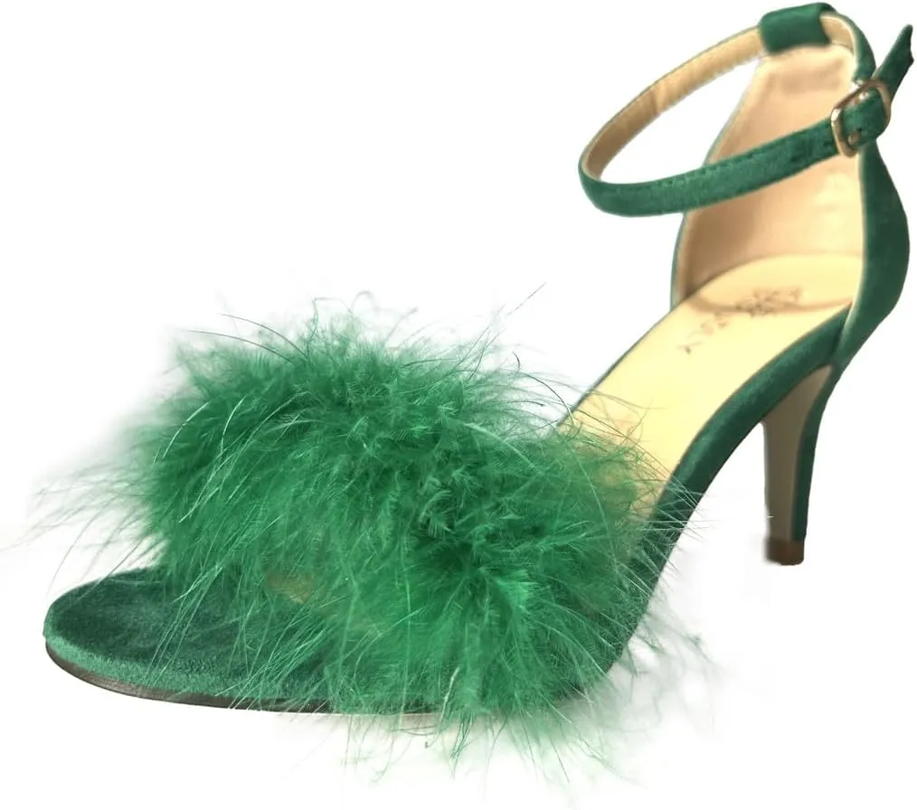 Women's Open Toe Ankle Strap Fluffy Feather Stiletto High Heel Dress Sandal