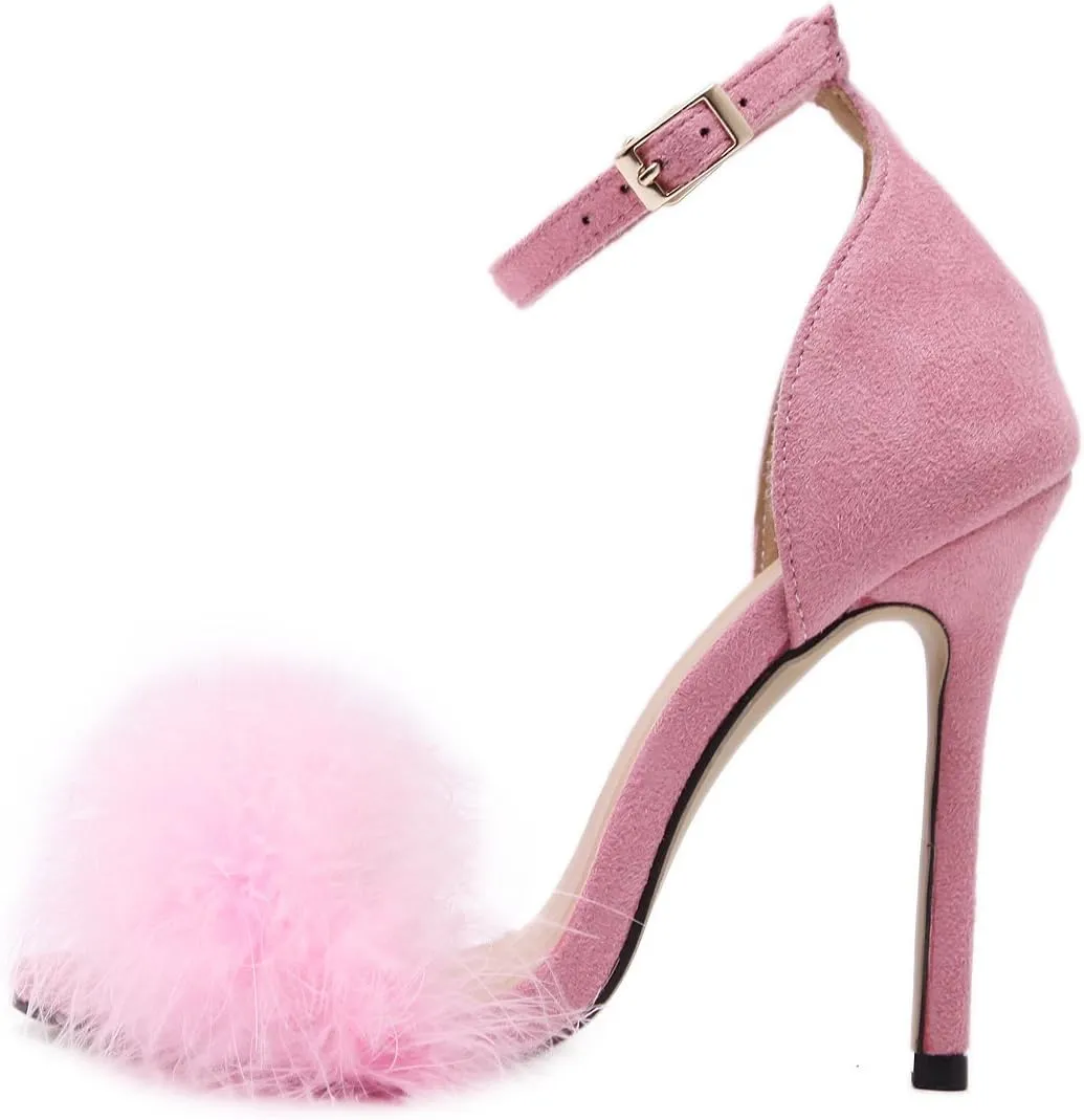 Women's Open Toe Ankle Strap Fluffy Feather Stiletto High Heel Dress Sandal
