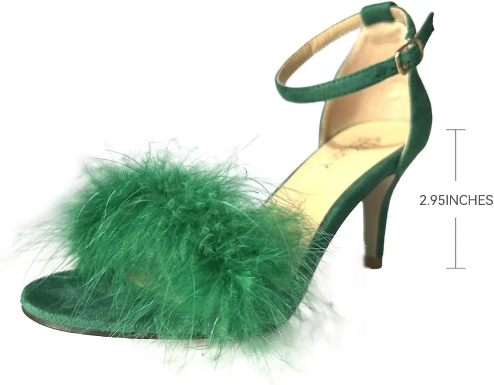 Women's Open Toe Ankle Strap Fluffy Feather Stiletto High Heel Dress Sandal