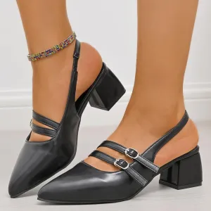 Women's Patent Leather Slingback Chunky Heels Mary Janes Pumps Buckle Closed Toe Low Heel Sandals Dress Evening Party Backless Shoes