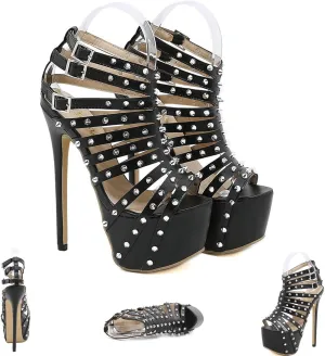 Women's Peep Toe Gladiator Platform Sandal Boots Rivets Buckle Strappy Stiletto High Heels Evening Party Dress Shoes