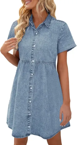 Womens Plus Size Denim Jean Dress Romper Outfit Knee Length Summer Casual for Women 2025 with Sleeves T Shirt Dresses