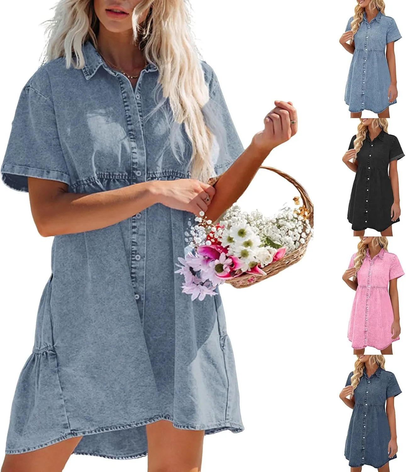 Womens Plus Size Denim Jean Dress Romper Outfit Knee Length Summer Casual for Women 2025 with Sleeves T Shirt Dresses