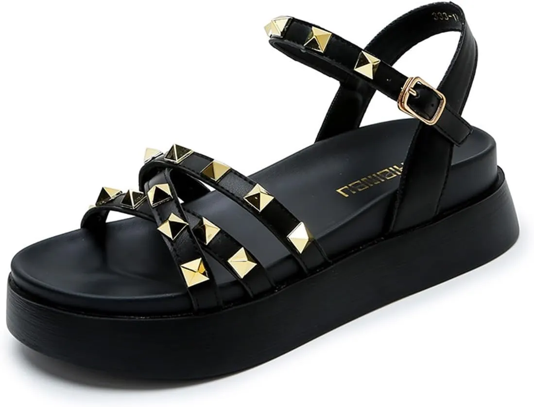 Women's Rivets Leather Platform Flat Sandals with Ankle Buckle Open Toe Comfort Soft Summer Sandals for Dress Party Casual Shoes