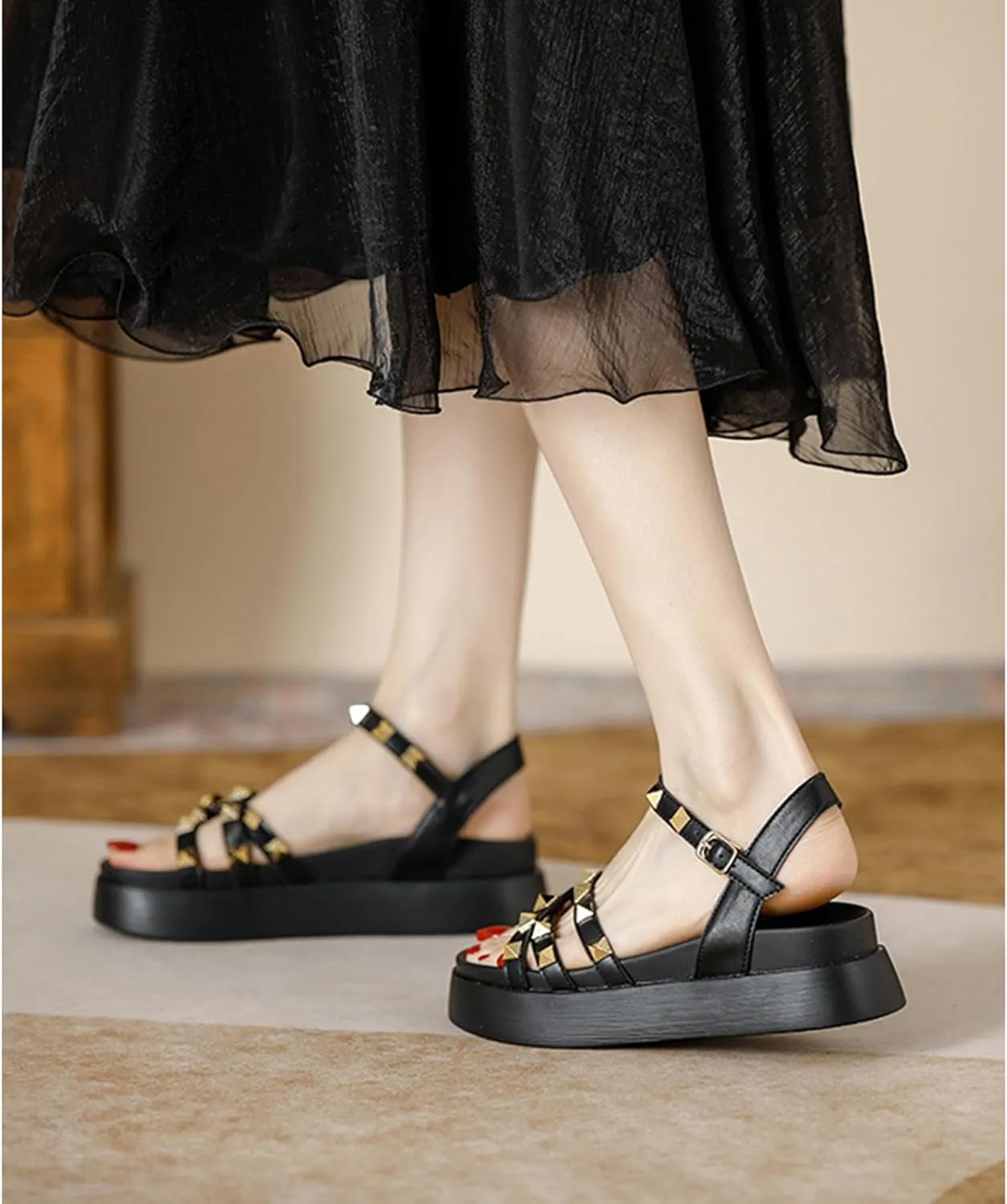 Women's Rivets Leather Platform Flat Sandals with Ankle Buckle Open Toe Comfort Soft Summer Sandals for Dress Party Casual Shoes