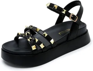 Women's Rivets Leather Platform Flat Sandals with Ankle Buckle Open Toe Comfort Soft Summer Sandals for Dress Party Casual Shoes