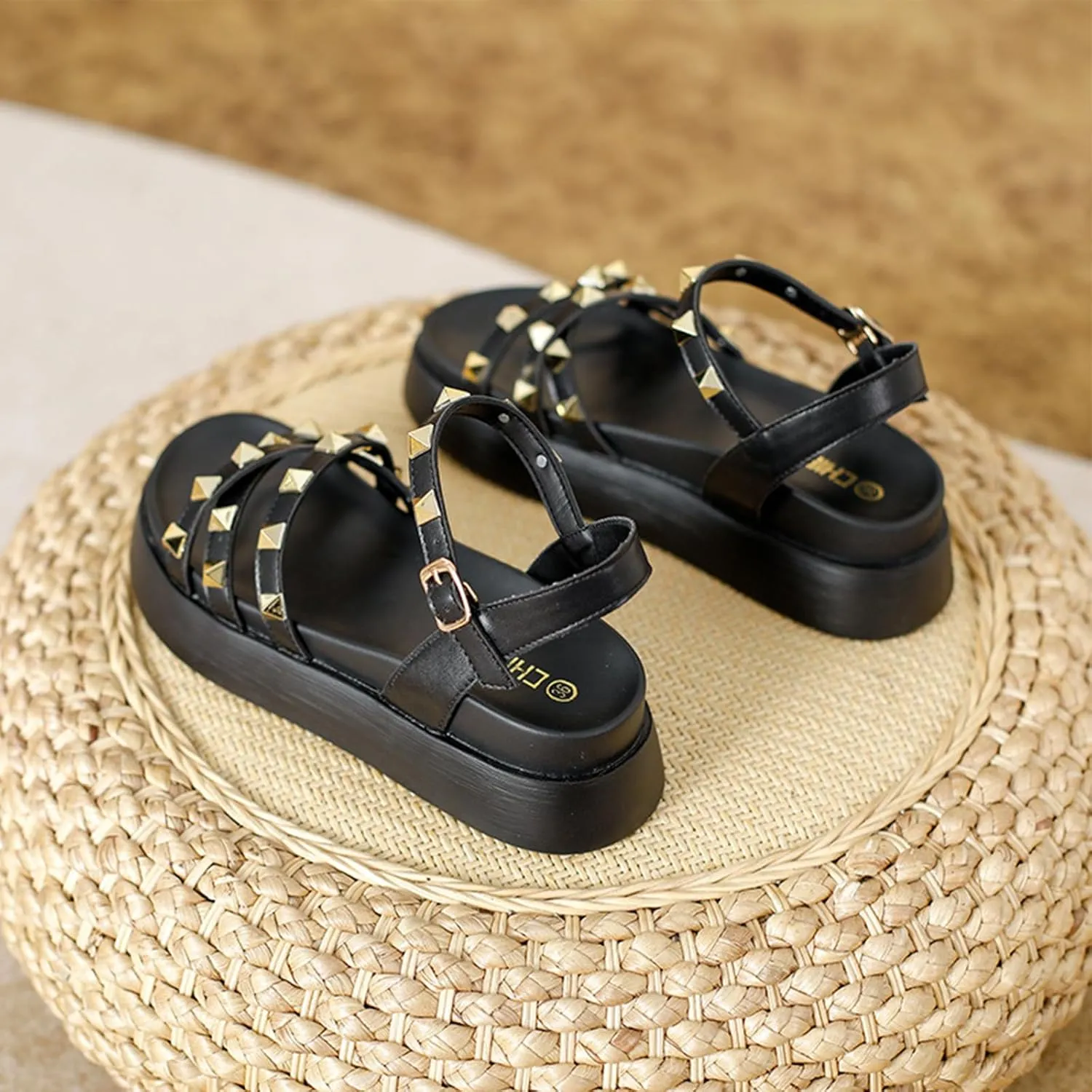Women's Rivets Leather Platform Flat Sandals with Ankle Buckle Open Toe Comfort Soft Summer Sandals for Dress Party Casual Shoes
