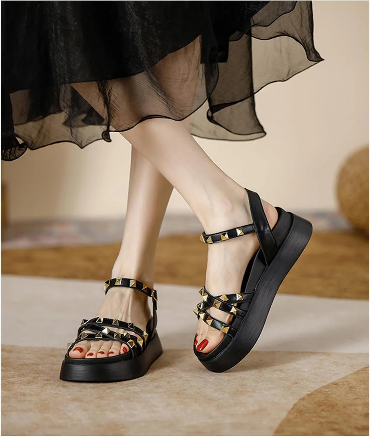 Women's Rivets Leather Platform Flat Sandals with Ankle Buckle Open Toe Comfort Soft Summer Sandals for Dress Party Casual Shoes
