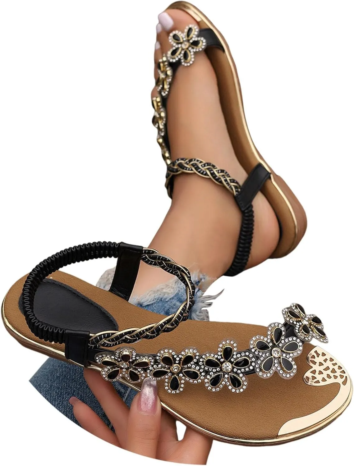 Womens Sandals Boho Floral Braided Flip Flops Elastic Ankle Strap Soft Footbed Non Slip Summer Dressy Flat Sandals