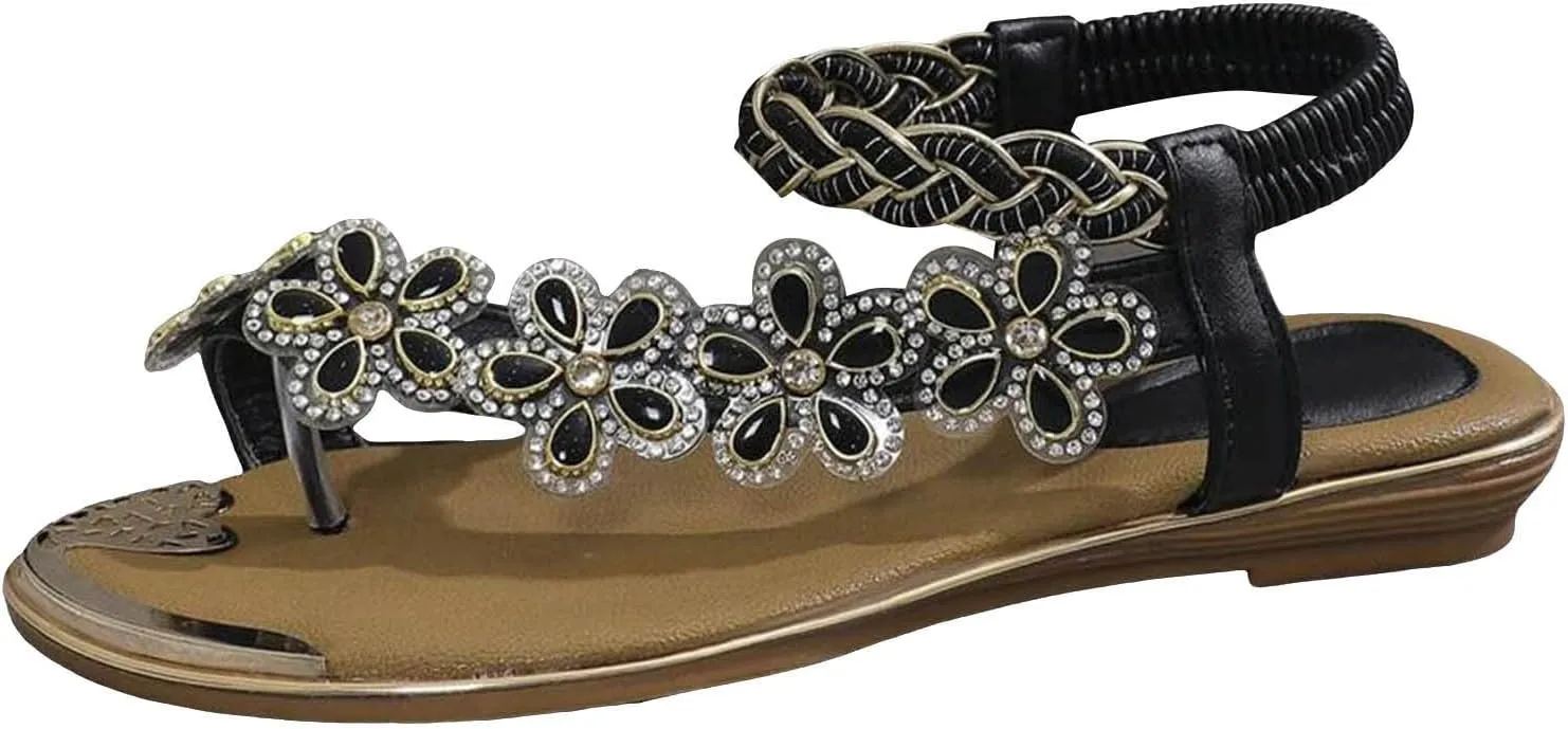 Womens Sandals Boho Floral Braided Flip Flops Elastic Ankle Strap Soft Footbed Non Slip Summer Dressy Flat Sandals