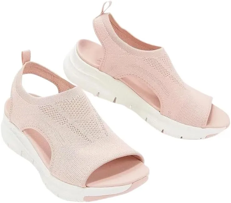 Women's Sandals, New Summer 2025 Mesh Fabric Thick-Soled and Soft-Soled Casual Sports Women's Shoes, Flat Knitted Open-Toe Shoes