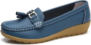 Womens Slip On Penny Loafers Soft Cow Casual Leather Moccasin Boat Shoes Non-Slip Wedge Dress Shoe