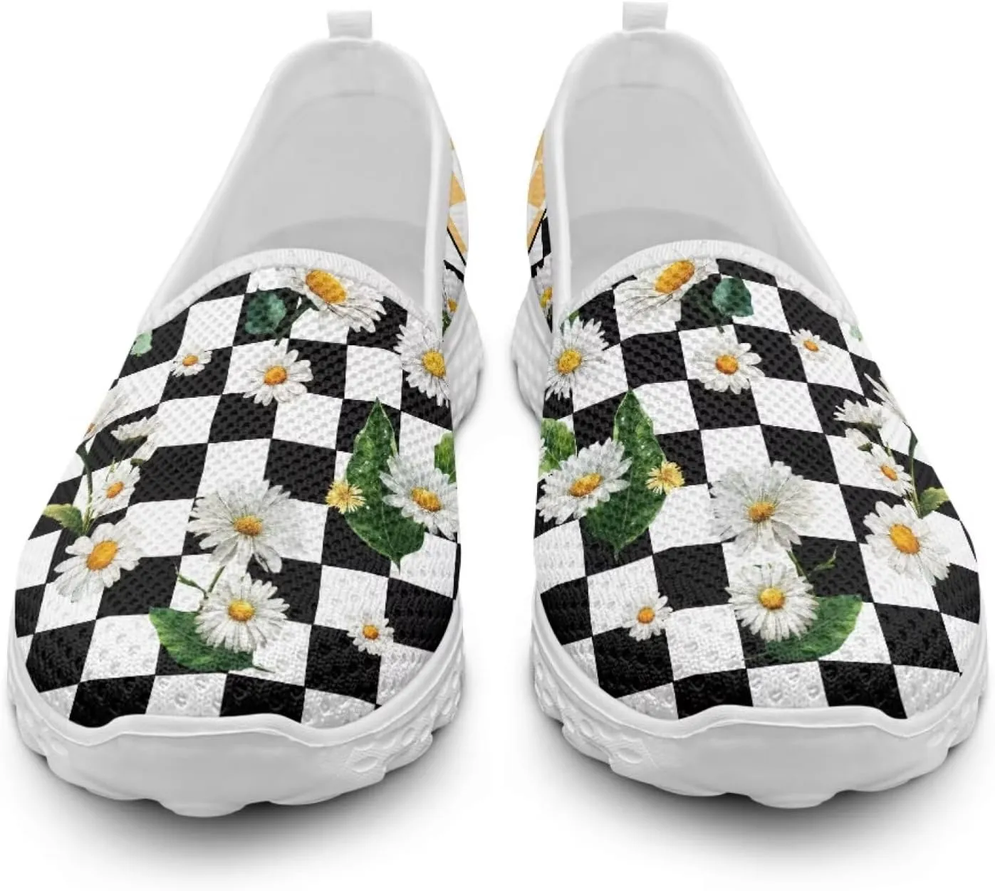Women's Slip on Sneakers Checkered Flats Shoes Comfortable Dressy Ballet Flats Spring Flower Walking Shoes All-Day Fashion