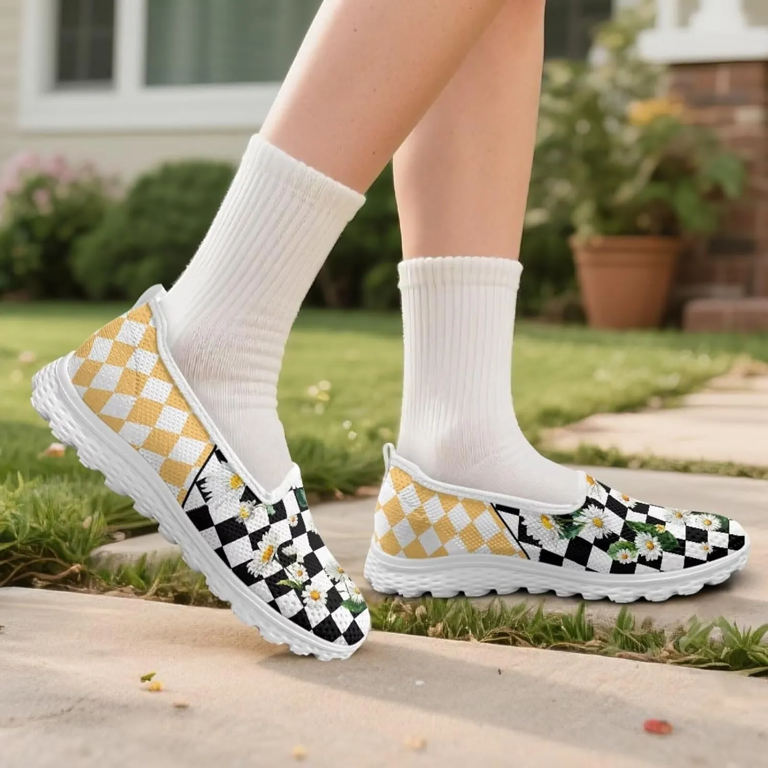 Women's Slip on Sneakers Checkered Flats Shoes Comfortable Dressy Ballet Flats Spring Flower Walking Shoes All-Day Fashion