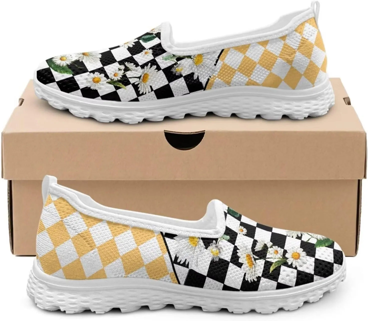 Women's Slip on Sneakers Checkered Flats Shoes Comfortable Dressy Ballet Flats Spring Flower Walking Shoes All-Day Fashion