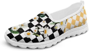 Women's Slip on Sneakers Checkered Flats Shoes Comfortable Dressy Ballet Flats Spring Flower Walking Shoes All-Day Fashion