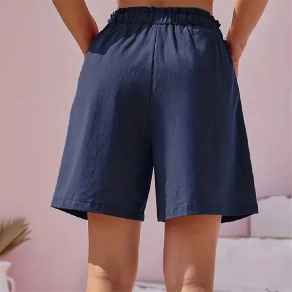 Women's Solid Color Cotton Shorts Elastic Waist Loose Fit Pocket Casual Pants