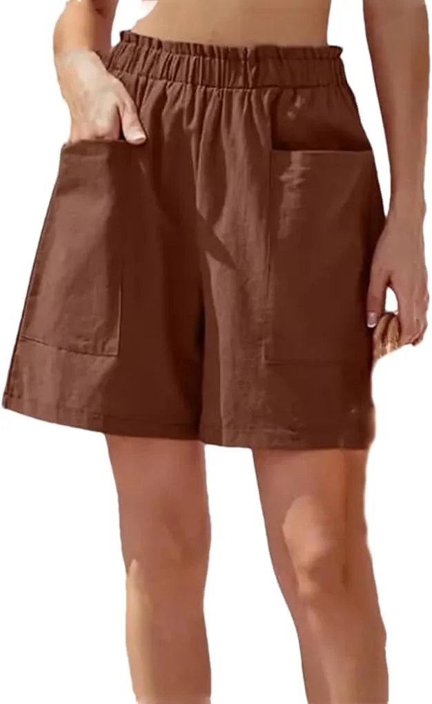 Women's Solid Color Cotton Shorts Elastic Waist Loose Fit Pocket Casual Pants