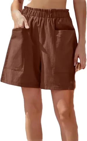 Women's Solid Color Cotton Shorts Elastic Waist Loose Fit Pocket Casual Pants