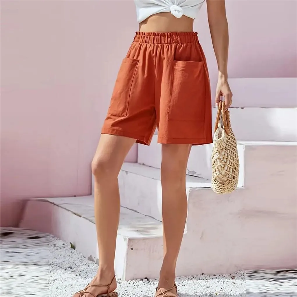 Women's Solid Color Cotton Shorts Elastic Waist Loose Fit Pocket Casual Pants