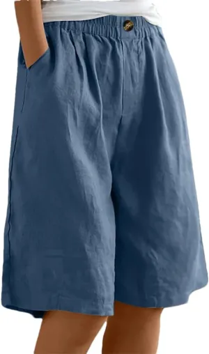 Women's Solid Color Elastic Waist Pocket Button Loose Cotton and Linen Casual Shorts