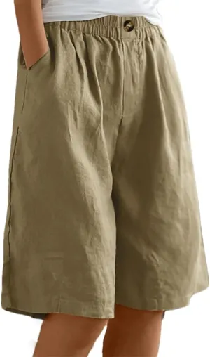 Women's Solid Color Elastic Waist Pocket Button Loose Cotton and Linen Casual Shorts