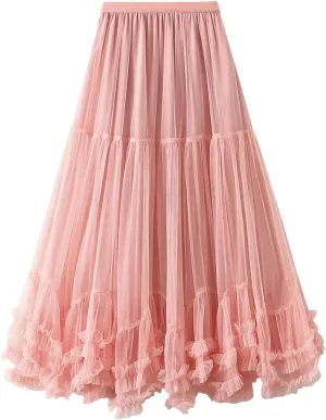 Women’S Solid Mesh Tulle Long Skirts Elastic High Waist Ruffle Hem Fluffy A-Line Midi Skirts