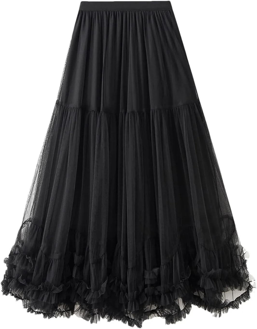 Women’S Solid Mesh Tulle Long Skirts Elastic High Waist Ruffle Hem Fluffy A-Line Midi Skirts