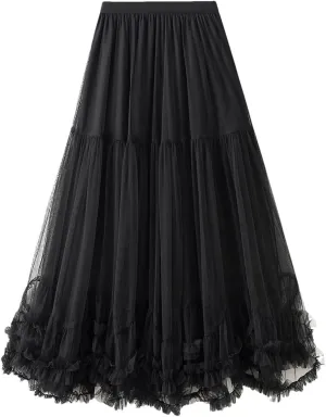 Women’S Solid Mesh Tulle Long Skirts Elastic High Waist Ruffle Hem Fluffy A-Line Midi Skirts