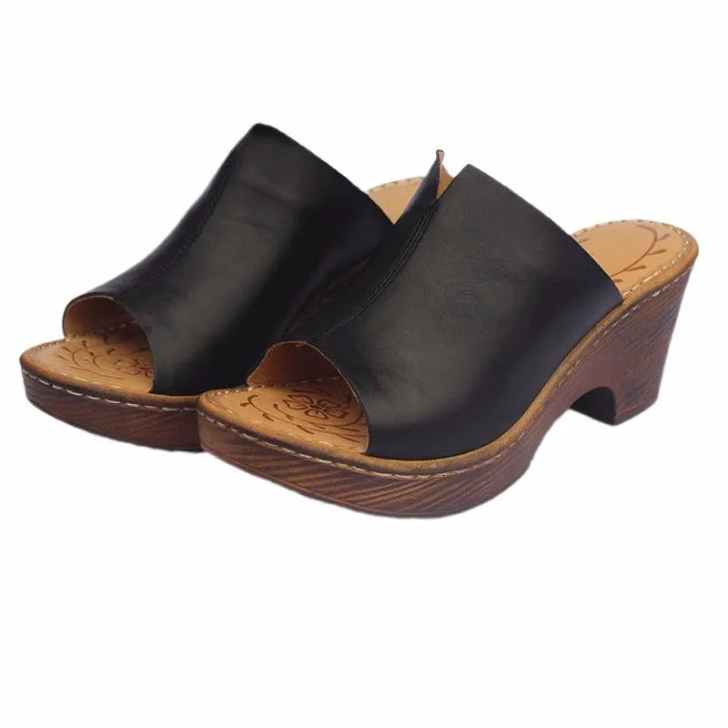 Women's Vintage Platform Block Heel Open Toe Mule Sandals