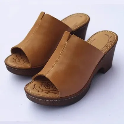 Women's Vintage Platform Block Heel Open Toe Mule Sandals