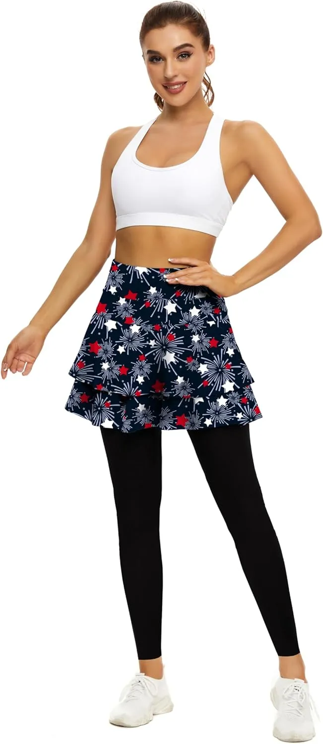 WOWENY Tennis Skirted Leggings with Pockets for Women Active Skort Athletic Ruffle Pleated Golf Skapri with Skirt