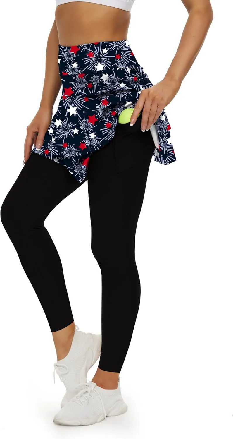 WOWENY Tennis Skirted Leggings with Pockets for Women Active Skort Athletic Ruffle Pleated Golf Skapri with Skirt