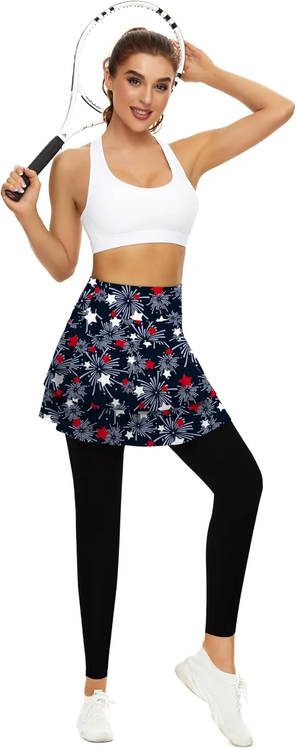 WOWENY Tennis Skirted Leggings with Pockets for Women Active Skort Athletic Ruffle Pleated Golf Skapri with Skirt