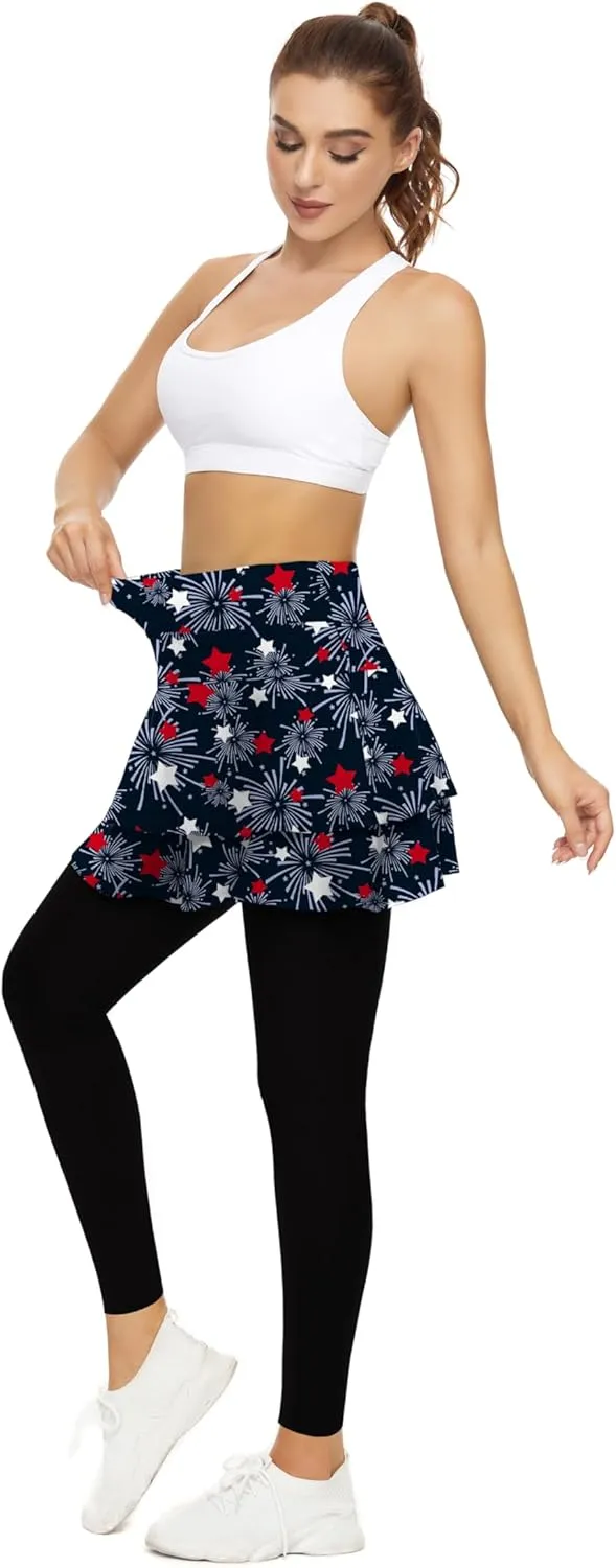 WOWENY Tennis Skirted Leggings with Pockets for Women Active Skort Athletic Ruffle Pleated Golf Skapri with Skirt