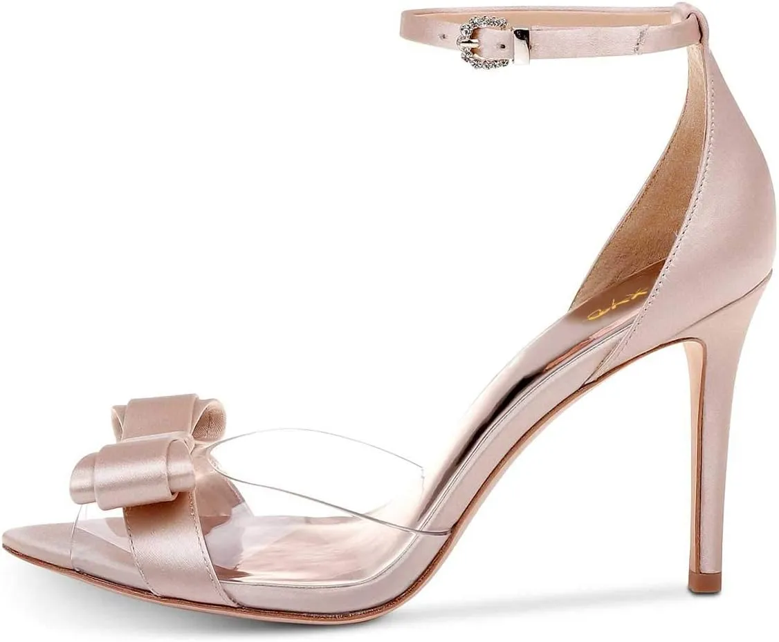XYD Women Pointy Peep Toe Stiletto High Heels Ankle Strap Bows Sandals PVC Satin D'Orsay Pumps