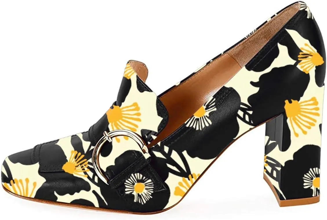 YDN Women Chunky High Heels Square Toe Loafers Shoes Slip On Suede Office Pumps Buckle Size 4-15 US