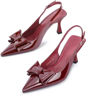 Zelaprox Women's Closed Pointed Toe Slingback Kitten Heels Sandal with Adjustable Buckle Strap Bow Knot Pumps for Dating Party Work Wedding Guest Dress Prom
